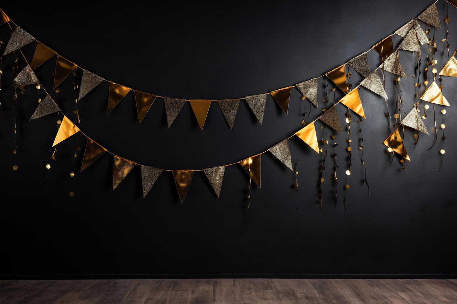 AI generated Golden garland on a black wall. Festive decoration. Generated by artificial intelligence photo