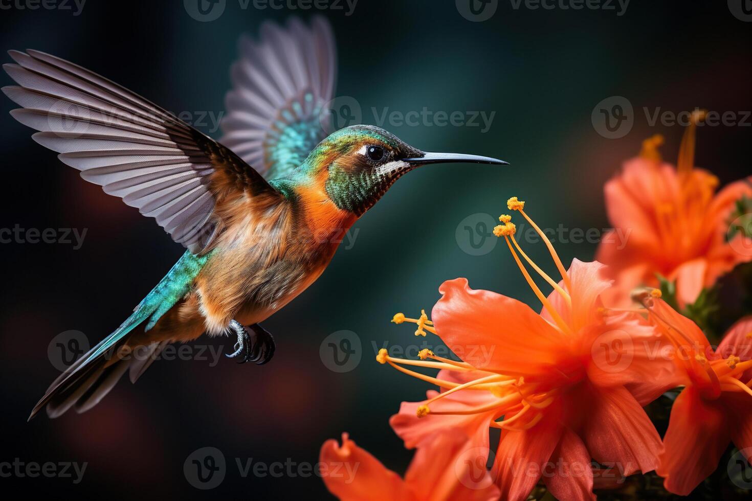 AI generated The hummingbird bird drinks nectar from flowers. Generated by artificial intelligence photo