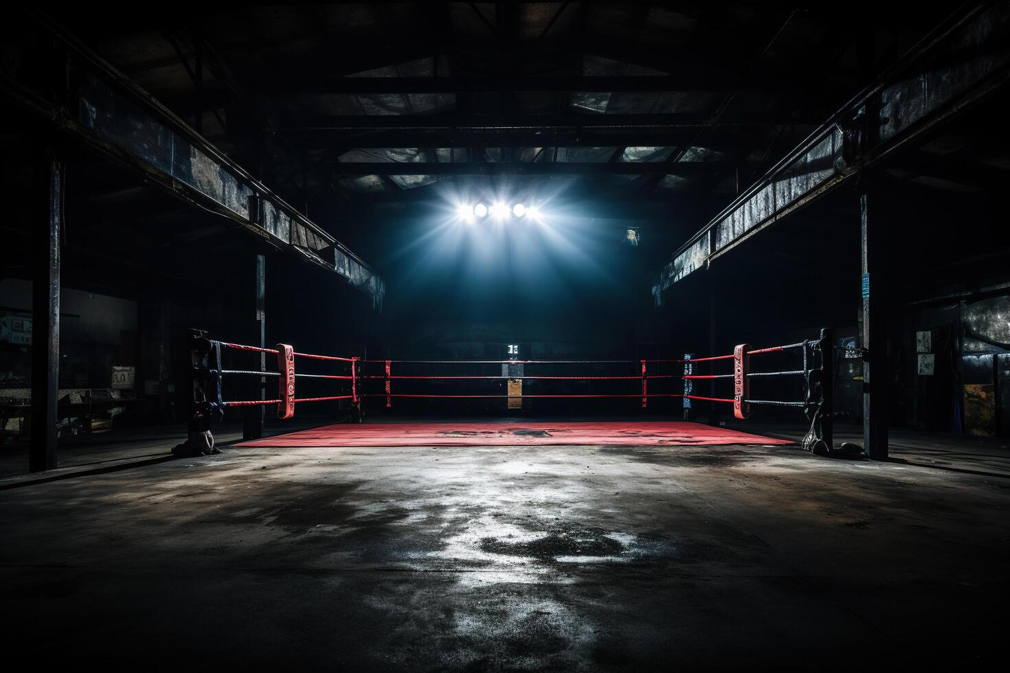 AI generated Empty gloomy boxing ring in the rays of spotlights. Generated by artificial intelligence photo