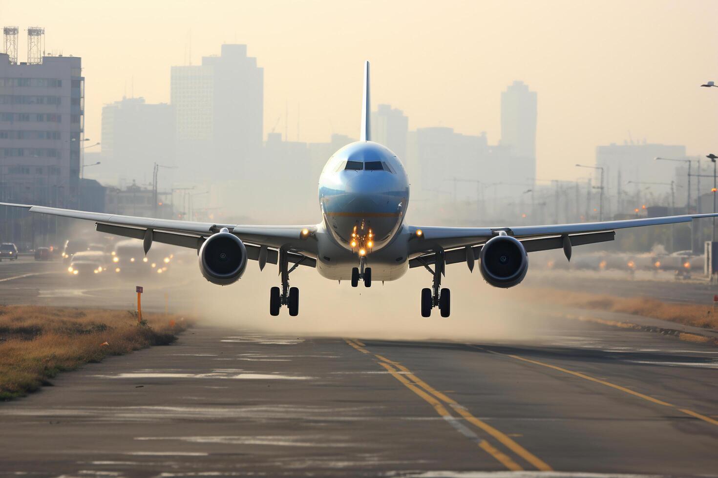 AI generated The plane lands on the highway in the city. Generated by artificial intelligence photo