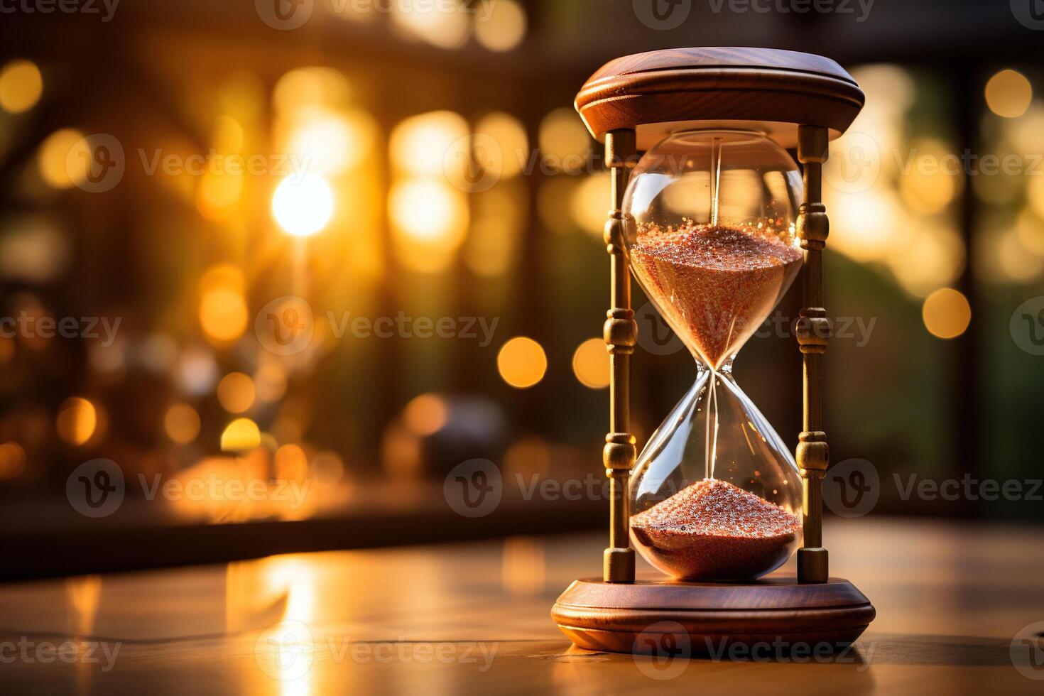 AI generated Elegant hourglass on a wooden surface with golden bokeh background. Generated by artificial intelligence photo