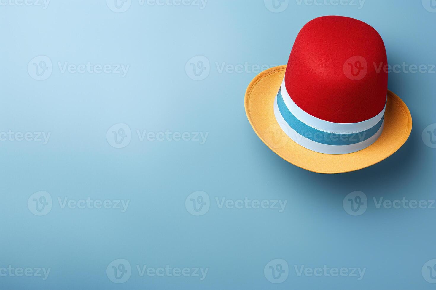 AI generated Multicolored clown hat on a blue background with space for text. April Fool's Day. Generated by artificial intelligence photo
