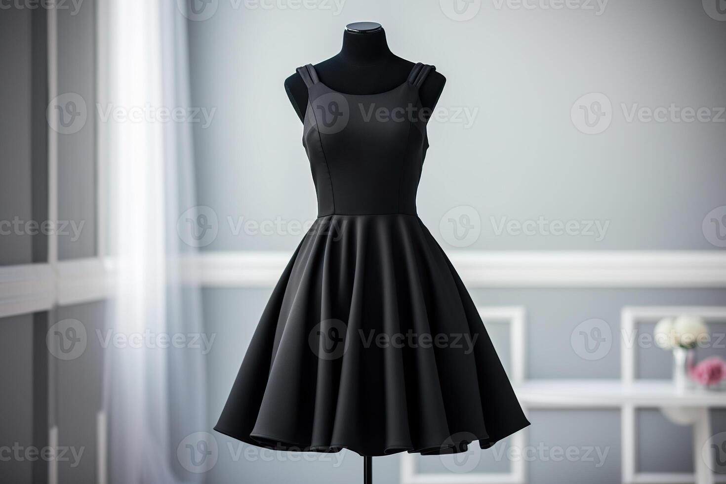 AI generated A beautiful black dress on a mannequin in a fashion salon. Shopping concept. Generated by artificial intelligence photo