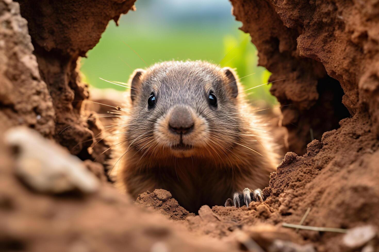 AI generated A marmot crawls out of the ground after hibernation. Generated by artificial intelligence photo