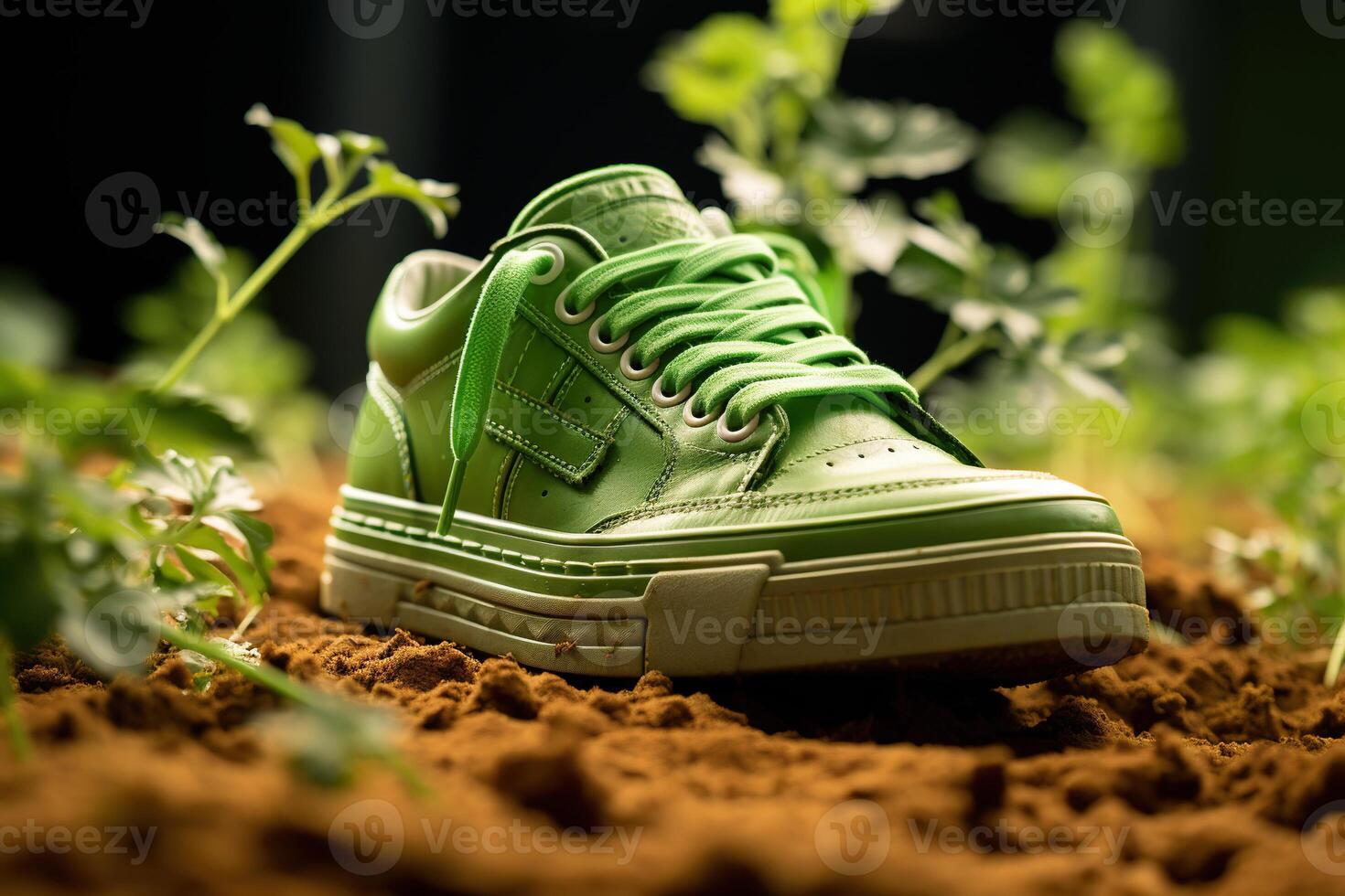 AI generated A green shoe lies among on green young sprouts, blurred background. Environment conservation concept. Generated by artificial intelligence photo