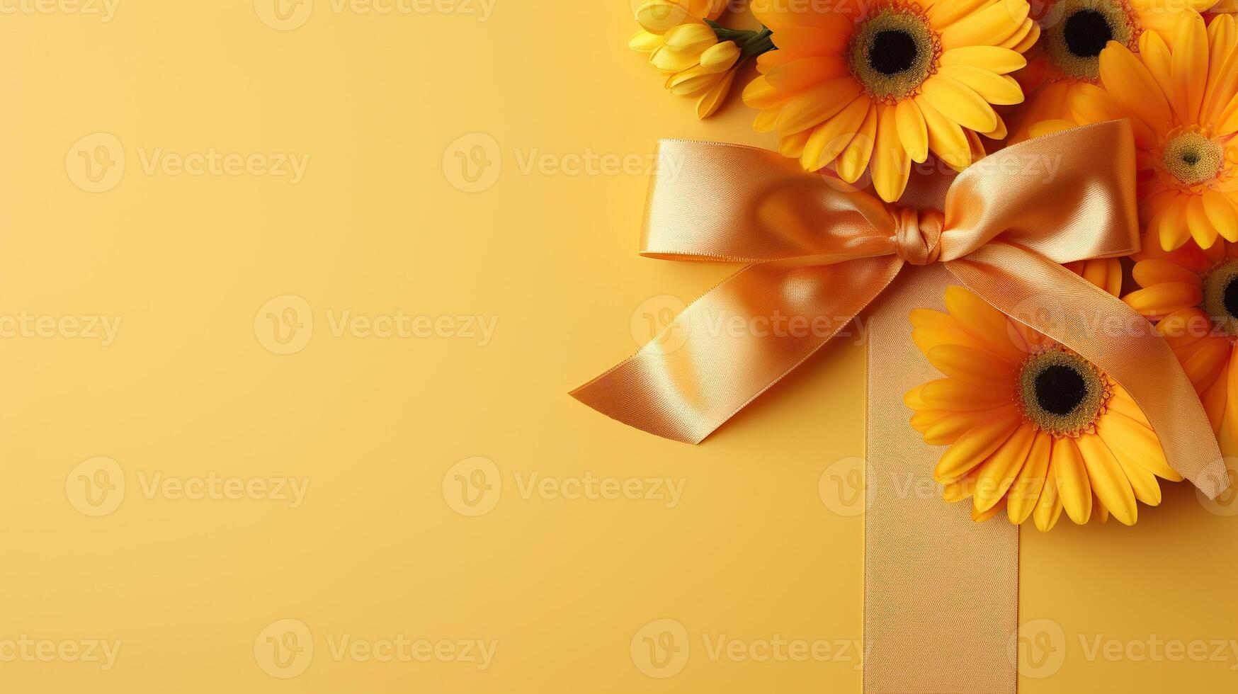 AI generated Yellow satin ribbon and bow with flowers on a yellow background. Generated by artificial intelligence photo