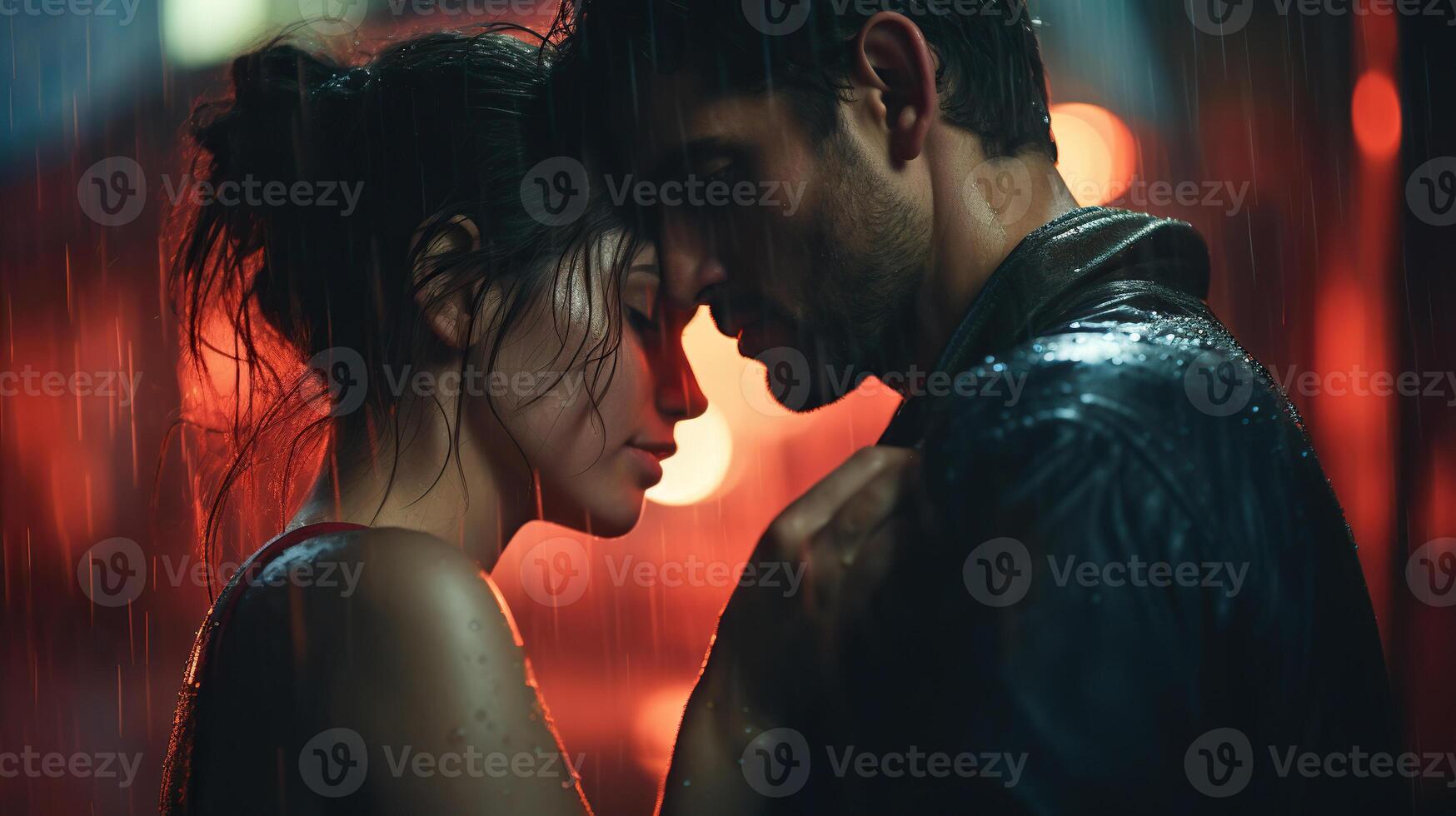 AI generated Couple in love in the rain on a blurred background. Photo in cinematic style. Generated by artificial intelligence