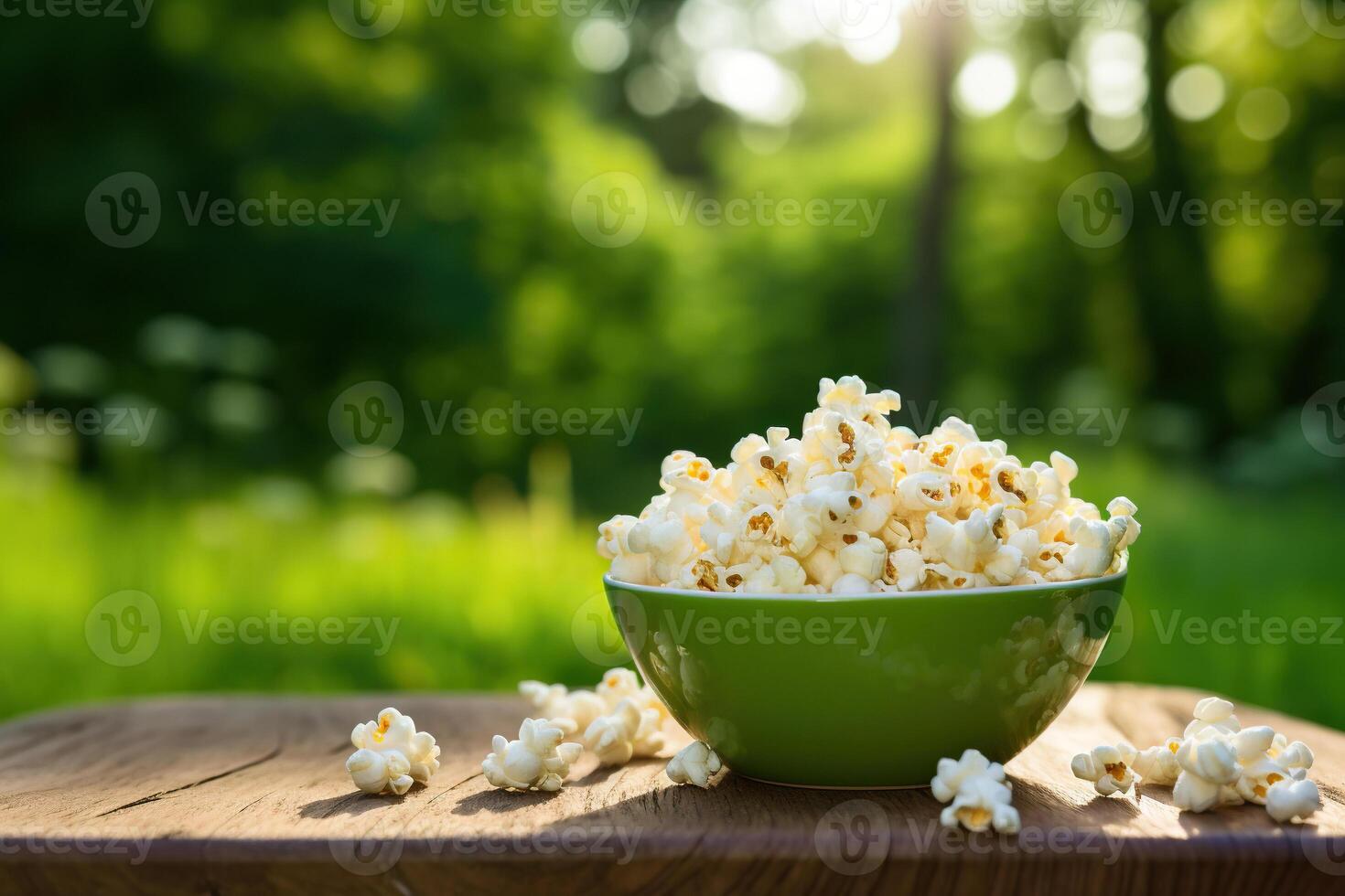 AI generated Popcorn in a striped bowl on the table against a natural bokeh background. Generated by artificial intelligence photo
