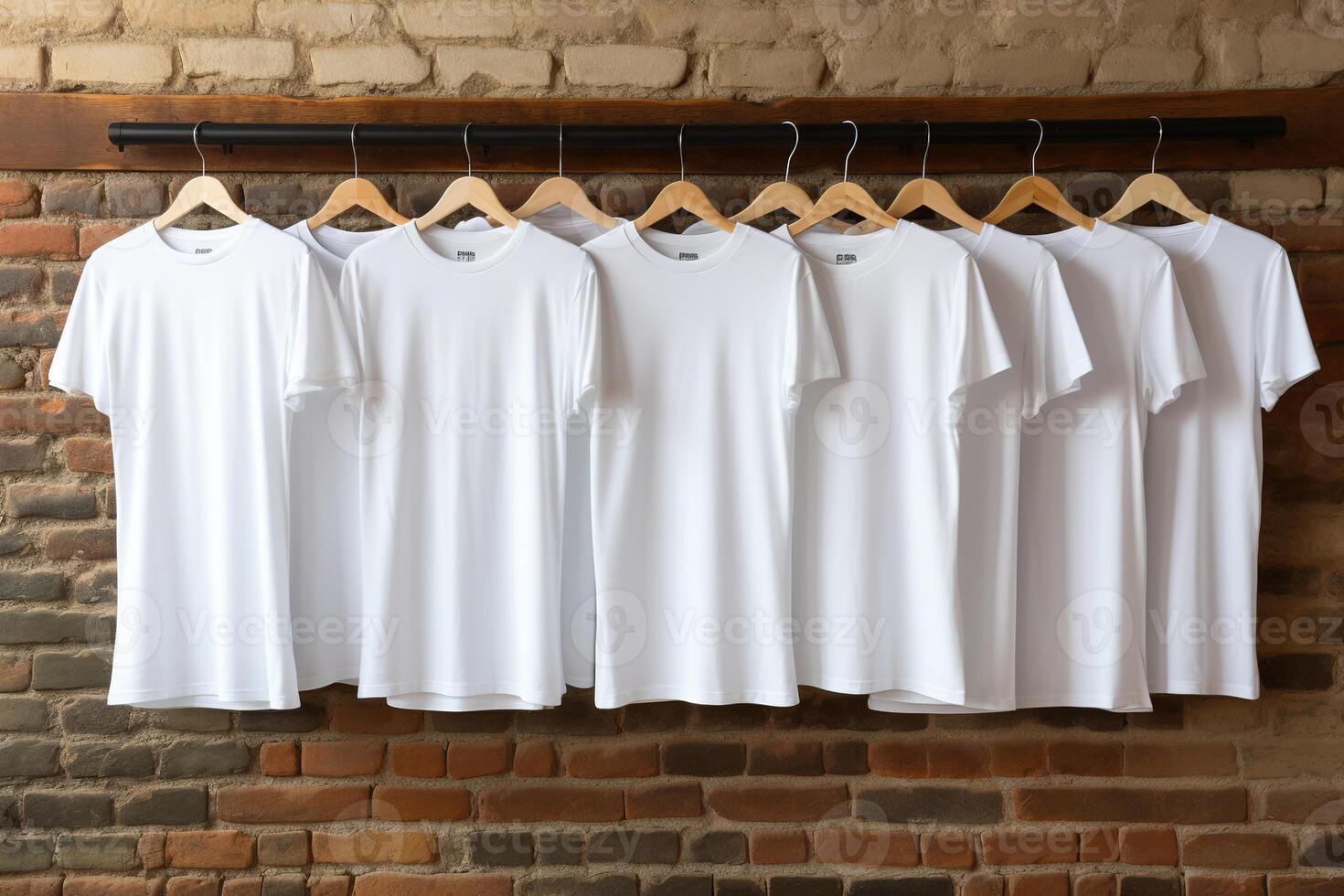 AI generated Blank white T-shirts hang on hangers on a brick wall. Generated by artificial intelligence photo