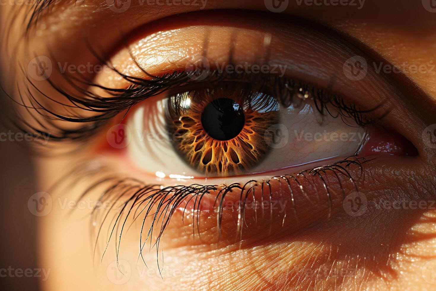 AI generated Beautiful female eye with long eyelashes close-up. Generated by artificial intelligence photo