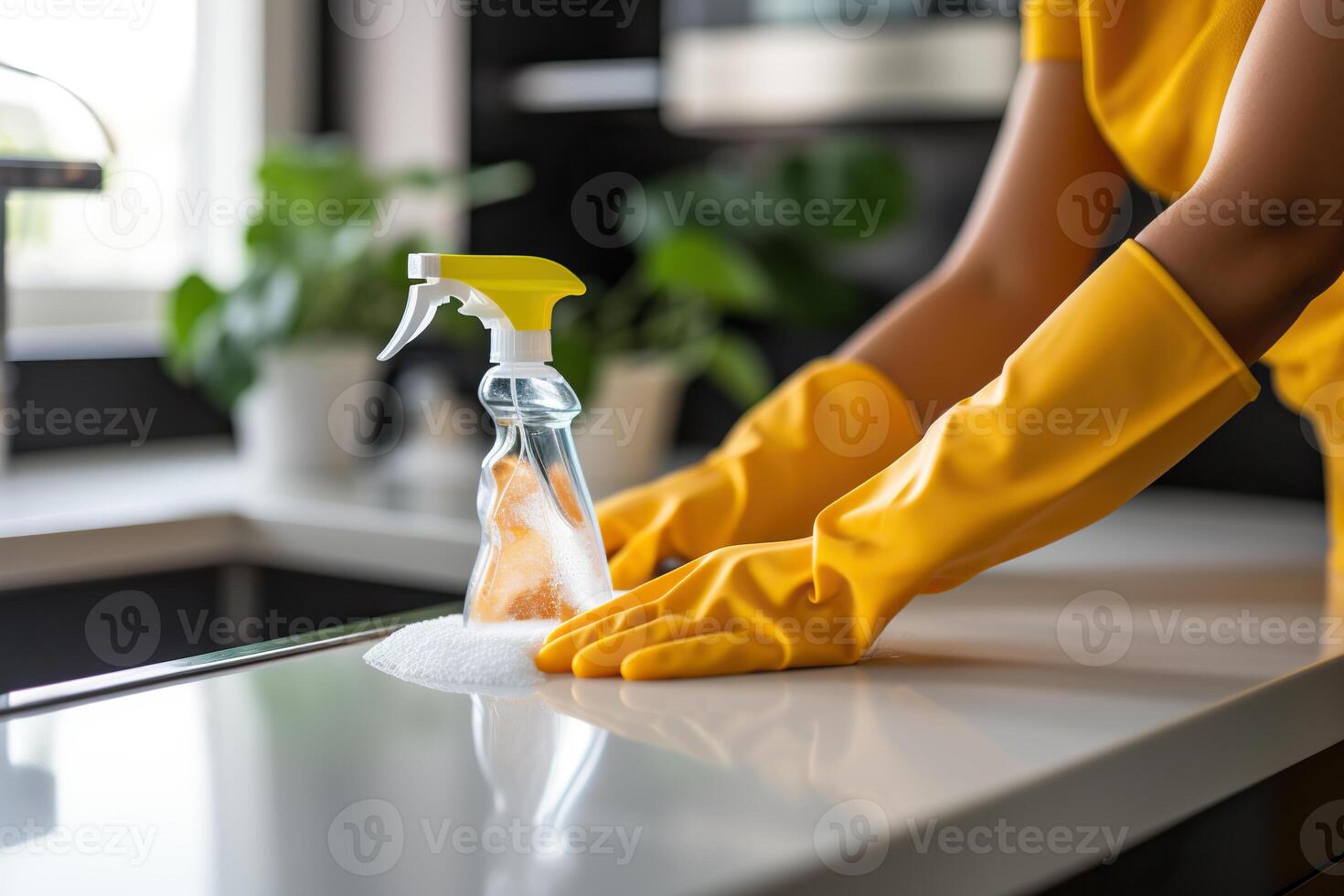AI generated Hands in yellow household gloves wash the tabletop with a rag. Cleaning concept. Generated by artificial intelligence photo