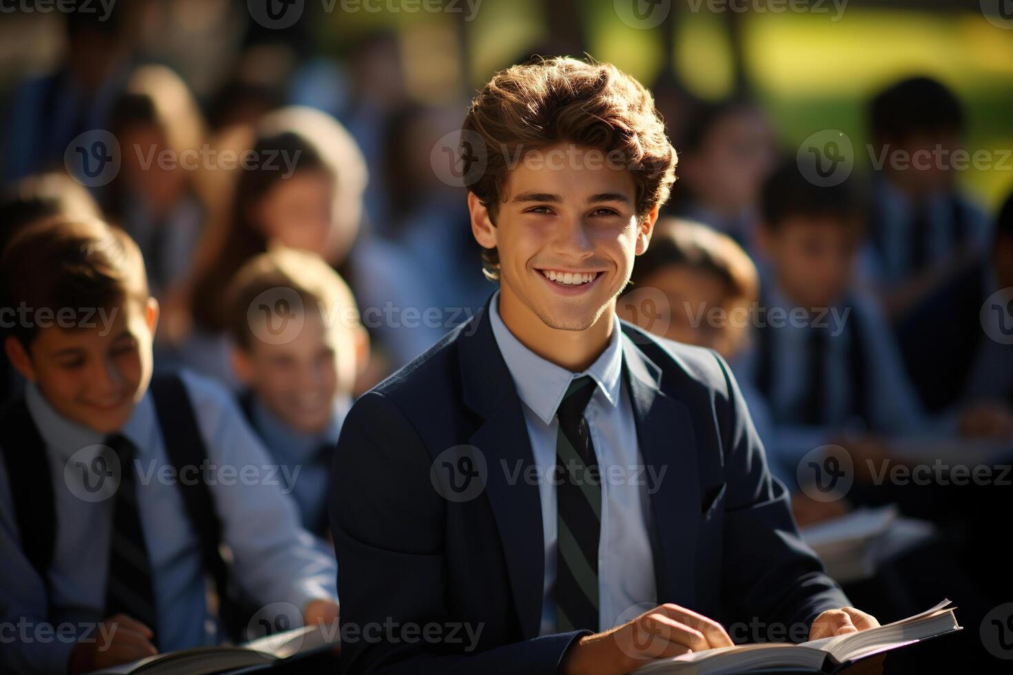 ai generado confidente hermoso estudiante participación libro y sonriente a cámara, aprendizaje y educación concepto. foto