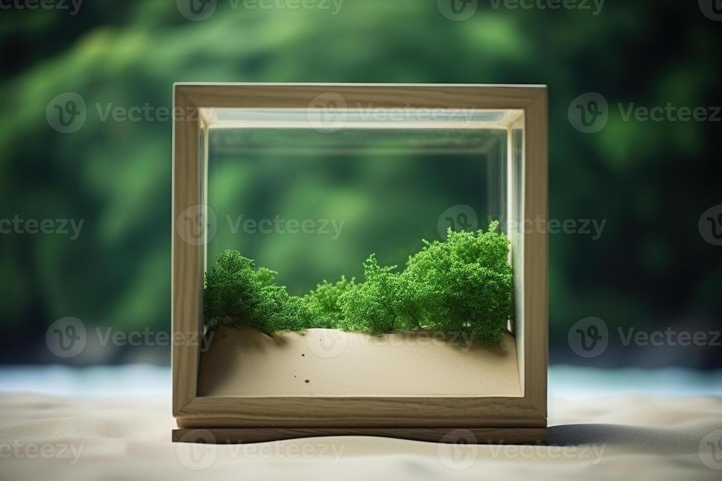 AI generated Green moss in a glass cube on the sand. Climate and ecology concept. Generative AI photo