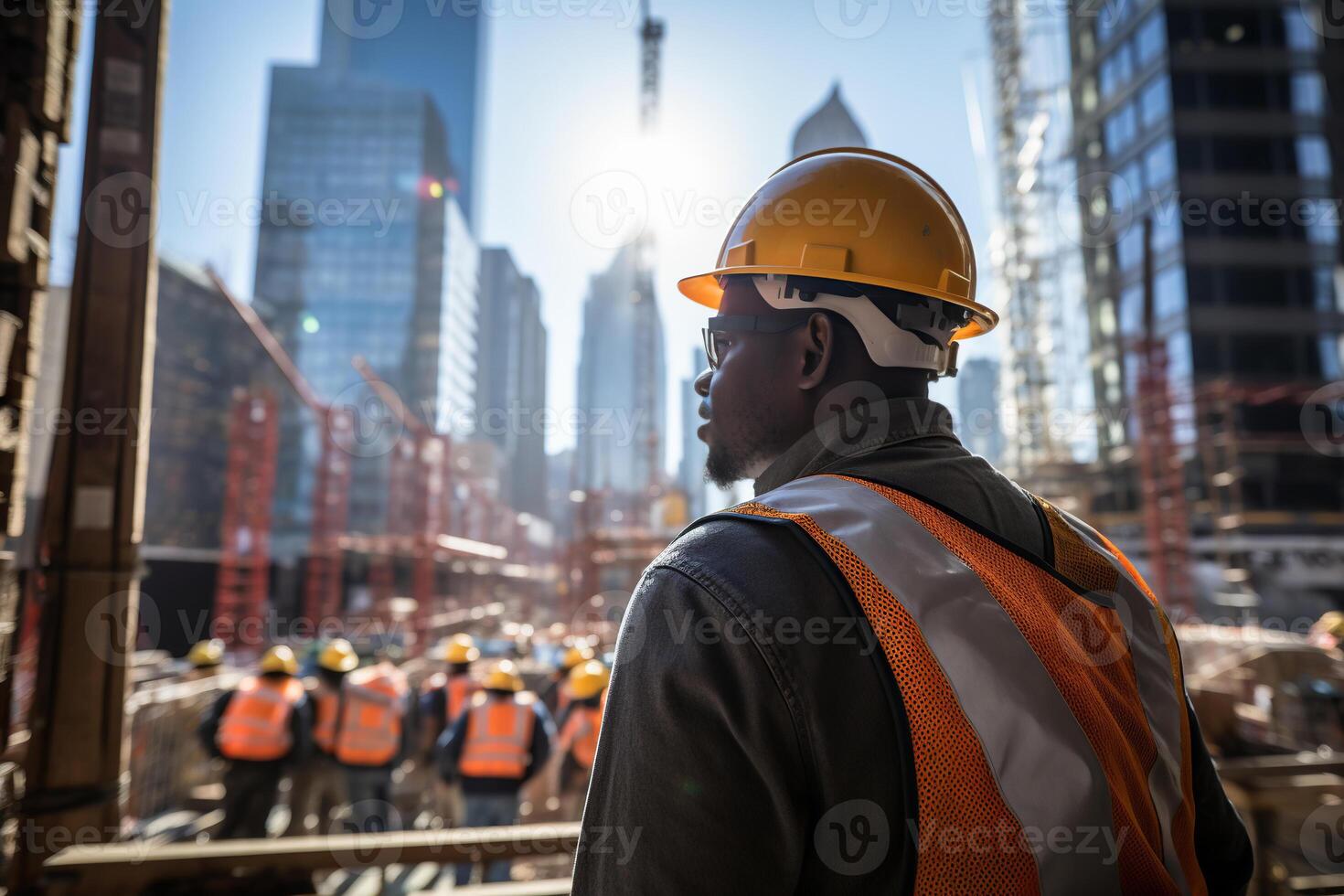 AI generated A dark-skinned construction worker in overalls looks at the construction site from above. Rear view. Generated by artificial intelligence photo