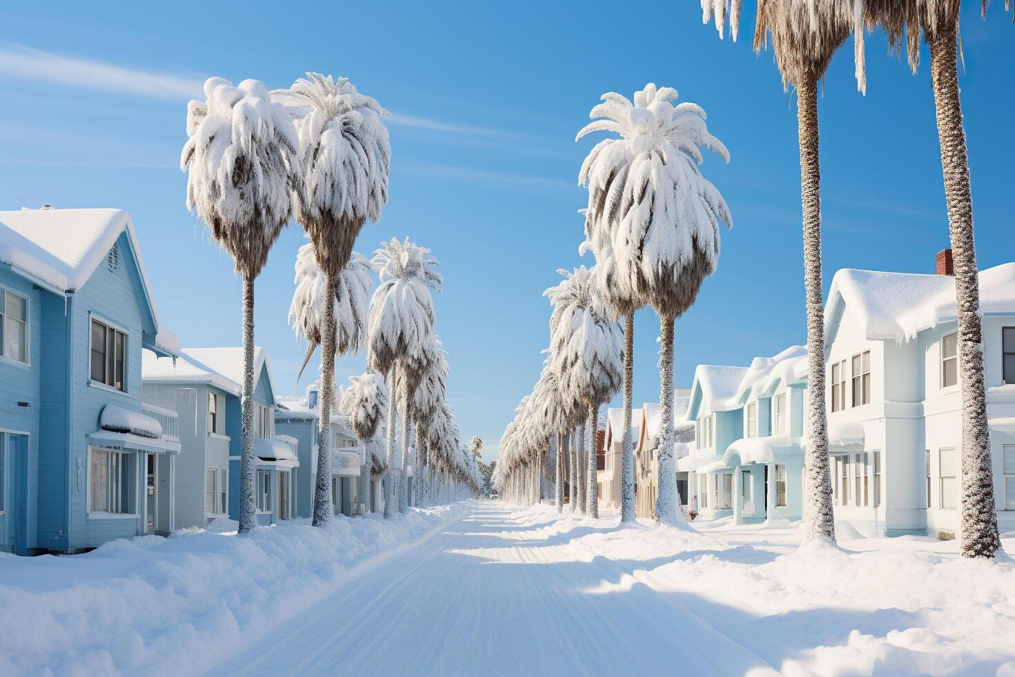 AI generated Palm trees are covered with snow. Generated by artificial intelligence photo