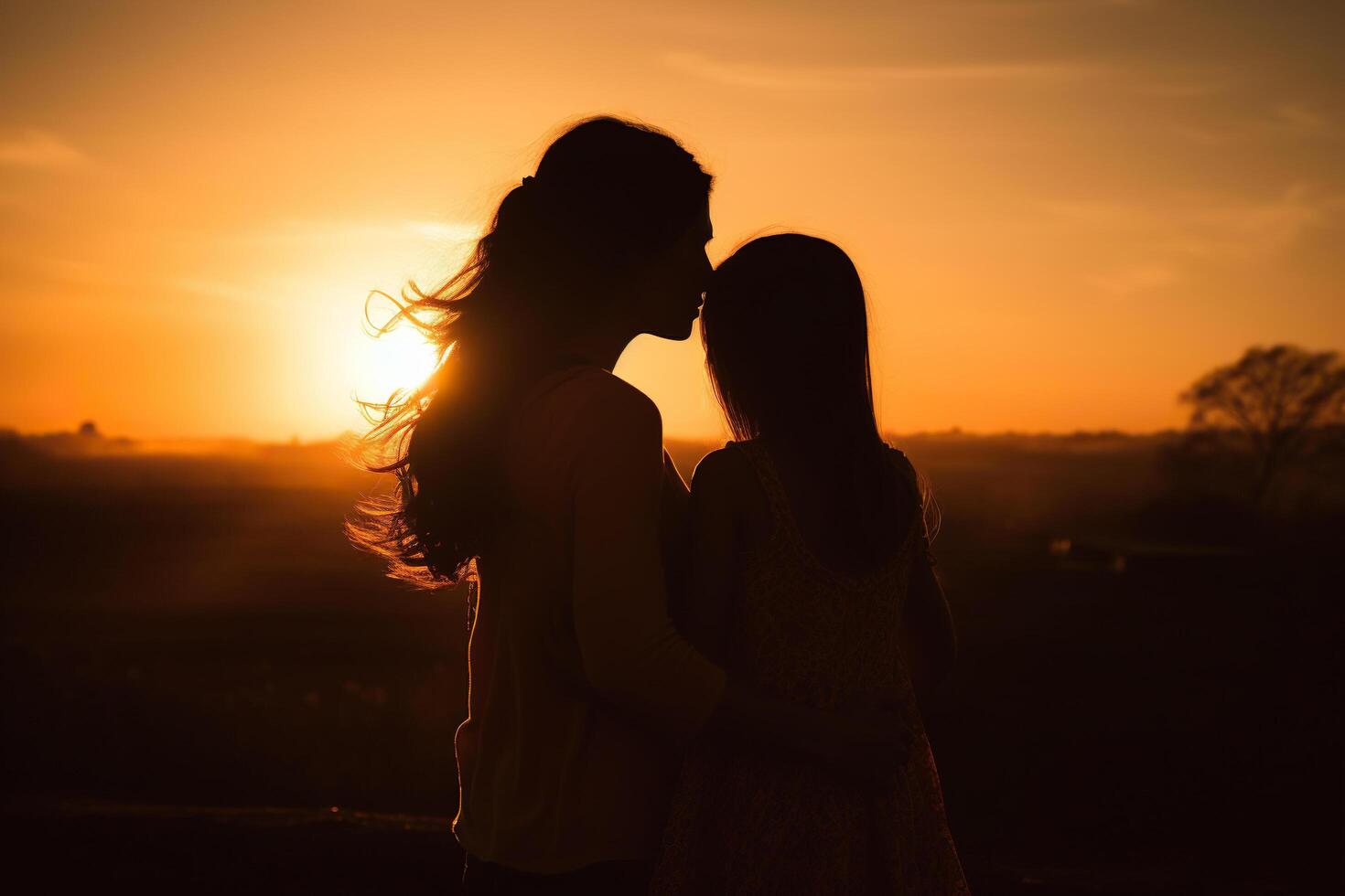 AI generated Silhouette of mother and daughter hugging each other in the sunset light. Generated by artificial intelligence photo