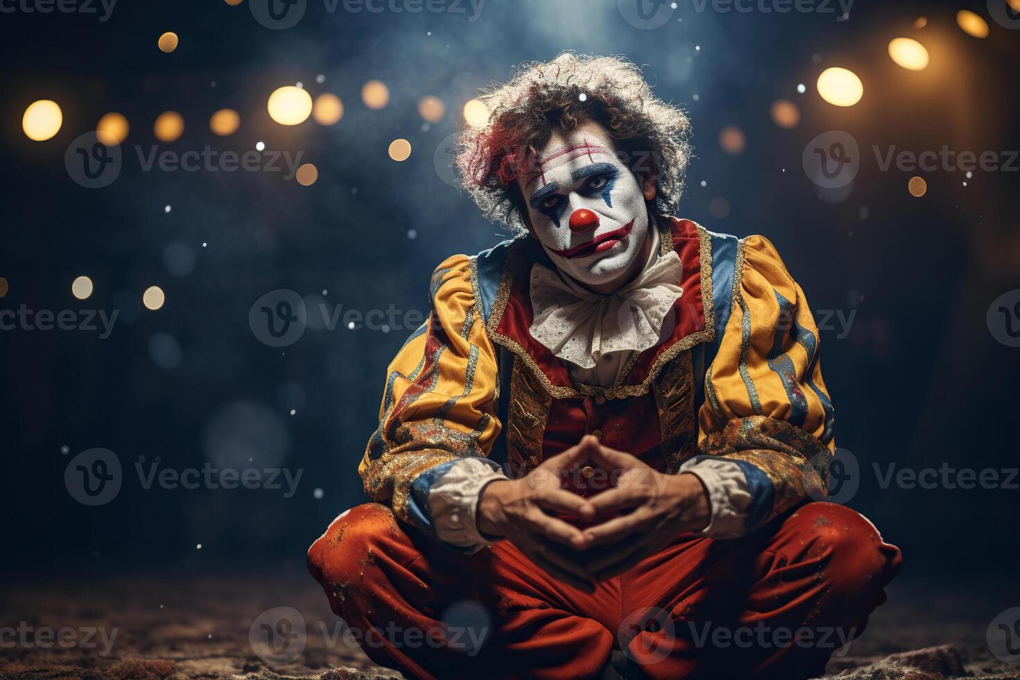 AI generated A clown with a sad face on a dark background during a circus performance. Generated by artificial intelligence photo