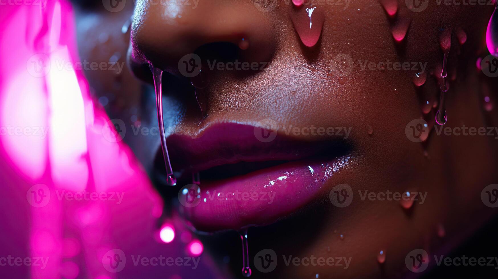 AI generated Juicy female lips with pink lipstick and water drops in neon lighting. Generated by artificial intelligence photo