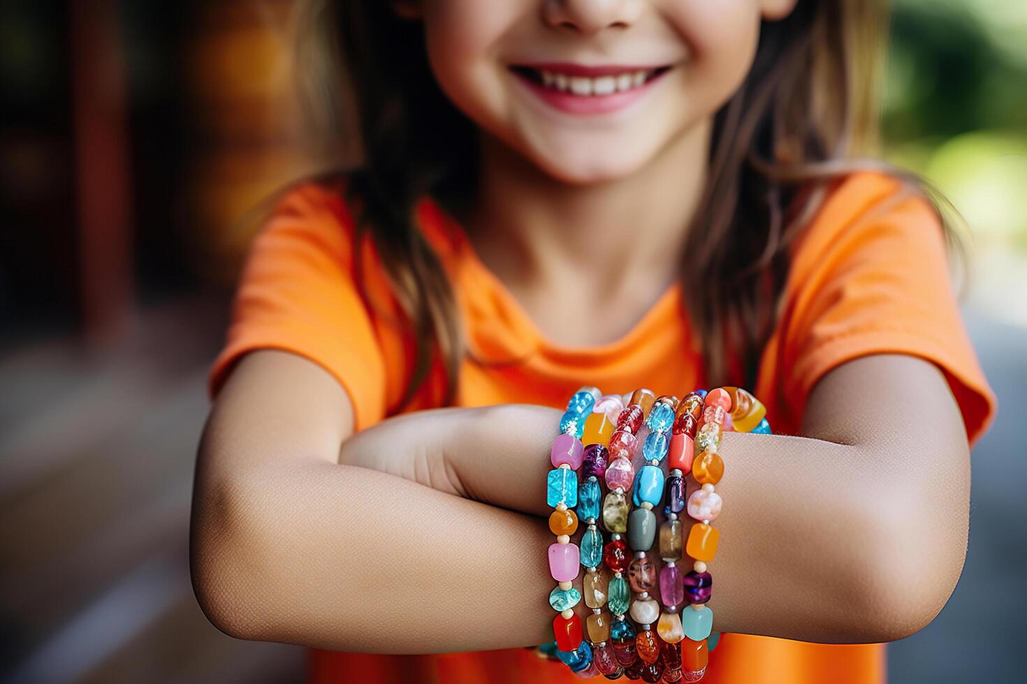 A bracelet made of colorful beads in the hand of a little girl. Generated by artificial intelligence photo