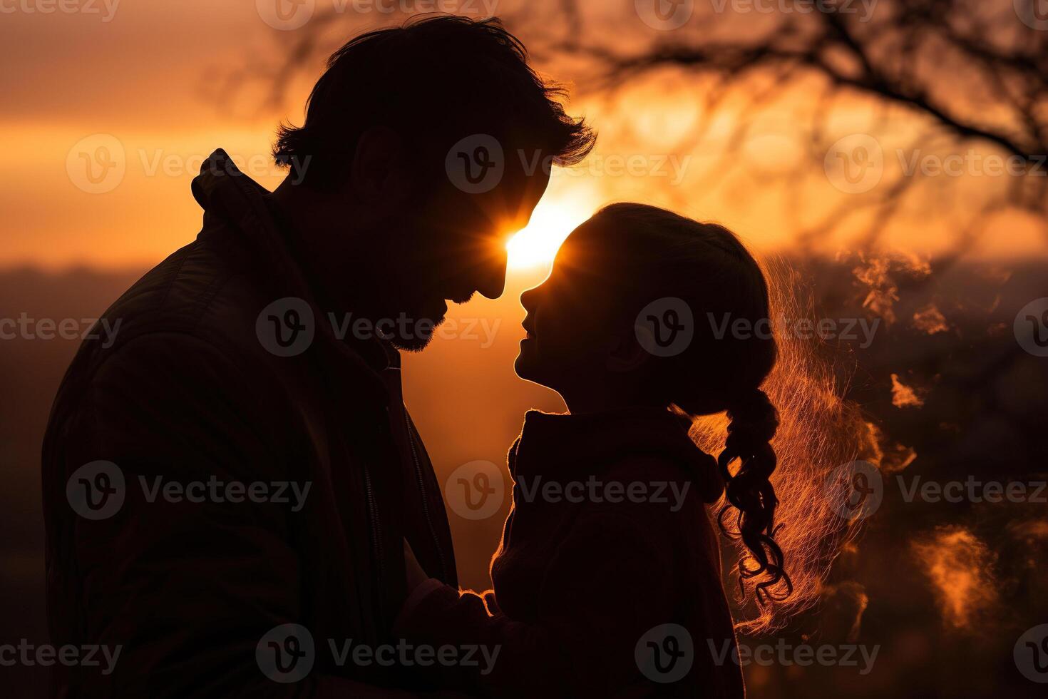 AI generated Silhouette of a little girl and dad against a sunset background. Generated by artificial intelligence photo