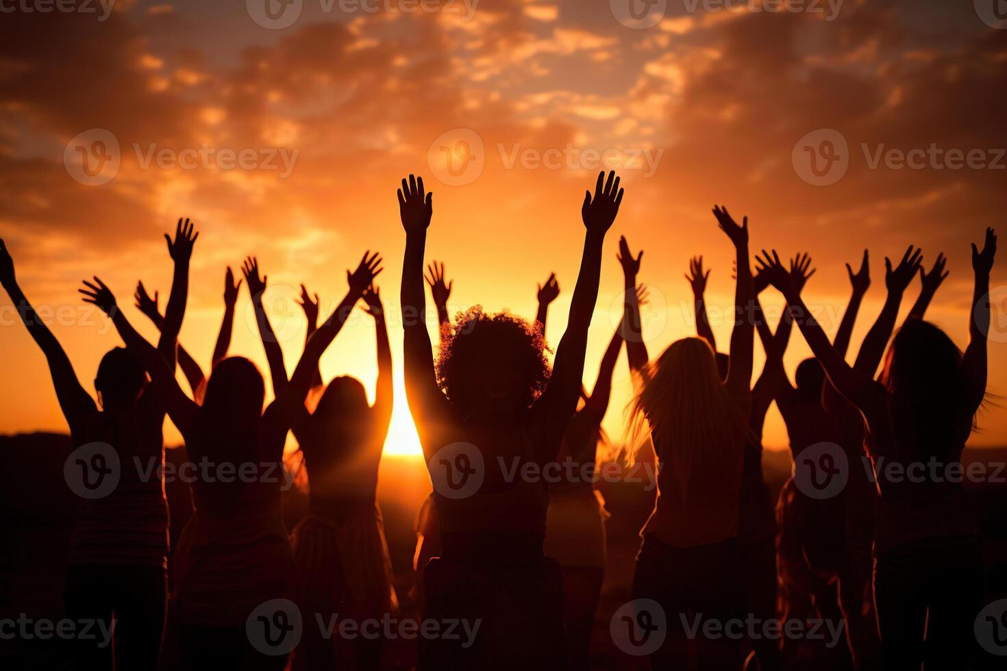 AI generated Silhouettes of many women with their hands raised up at sunset. Women's unity concept. Generated by artificial intelligence photo