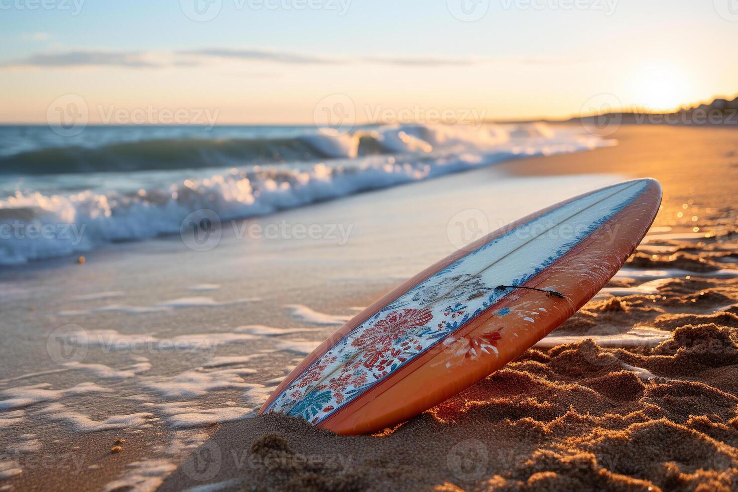 AI generated Surfboard in the sand on the beach near the sea wave. Generated by artificial intelligence photo