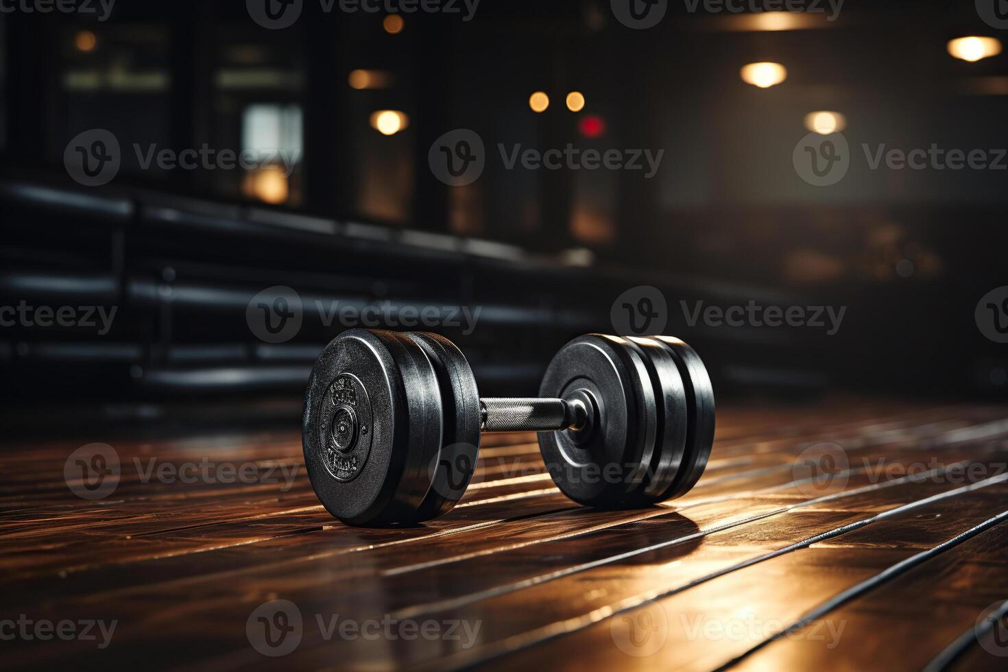 AI generated Dumbbells for fitness training on a wooden floor. Power training. Generated by artificial intelligence photo