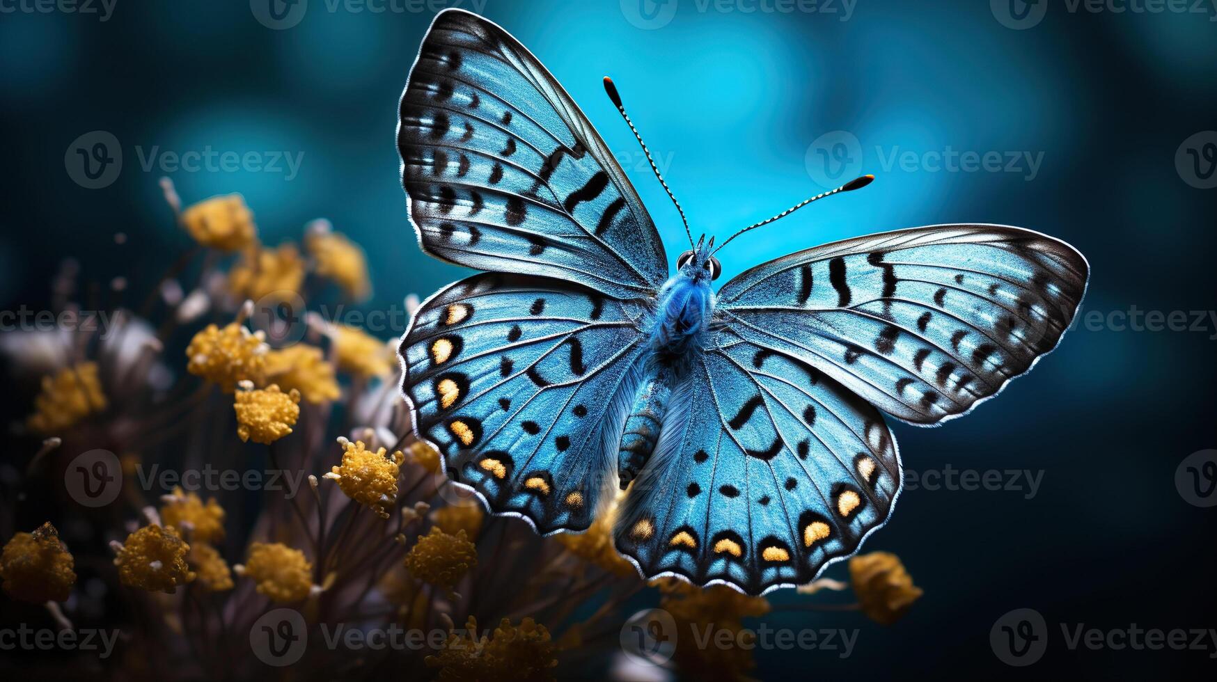 AI generated Beautiful blue butterfly against a background of yellow flowers and blue bokeh. Generated by artificial intelligence photo