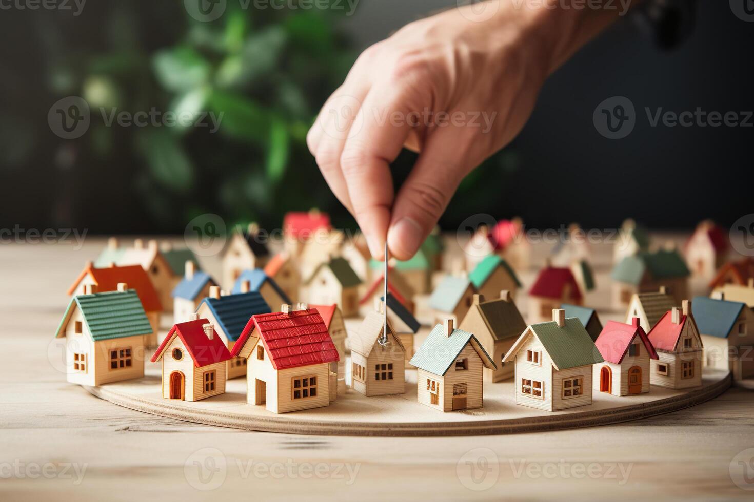 AI generated A man's hand over wooden house models. The concept of searching, buying a home. Generated by artificial intelligence photo