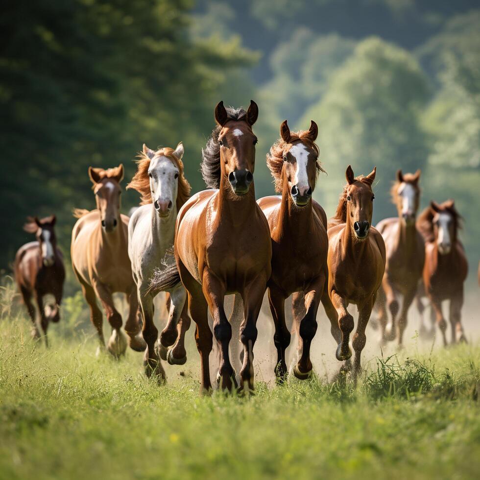 ai generado un manada de caballos galopa a lo largo un país la carretera. generado por artificial inteligencia foto