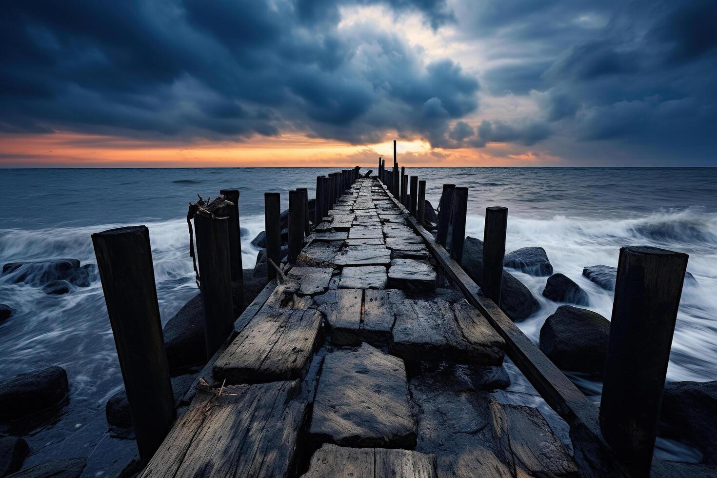 AI generated Old wooden pier in the stormy sea at sunset. Generated by artificial intelligence photo