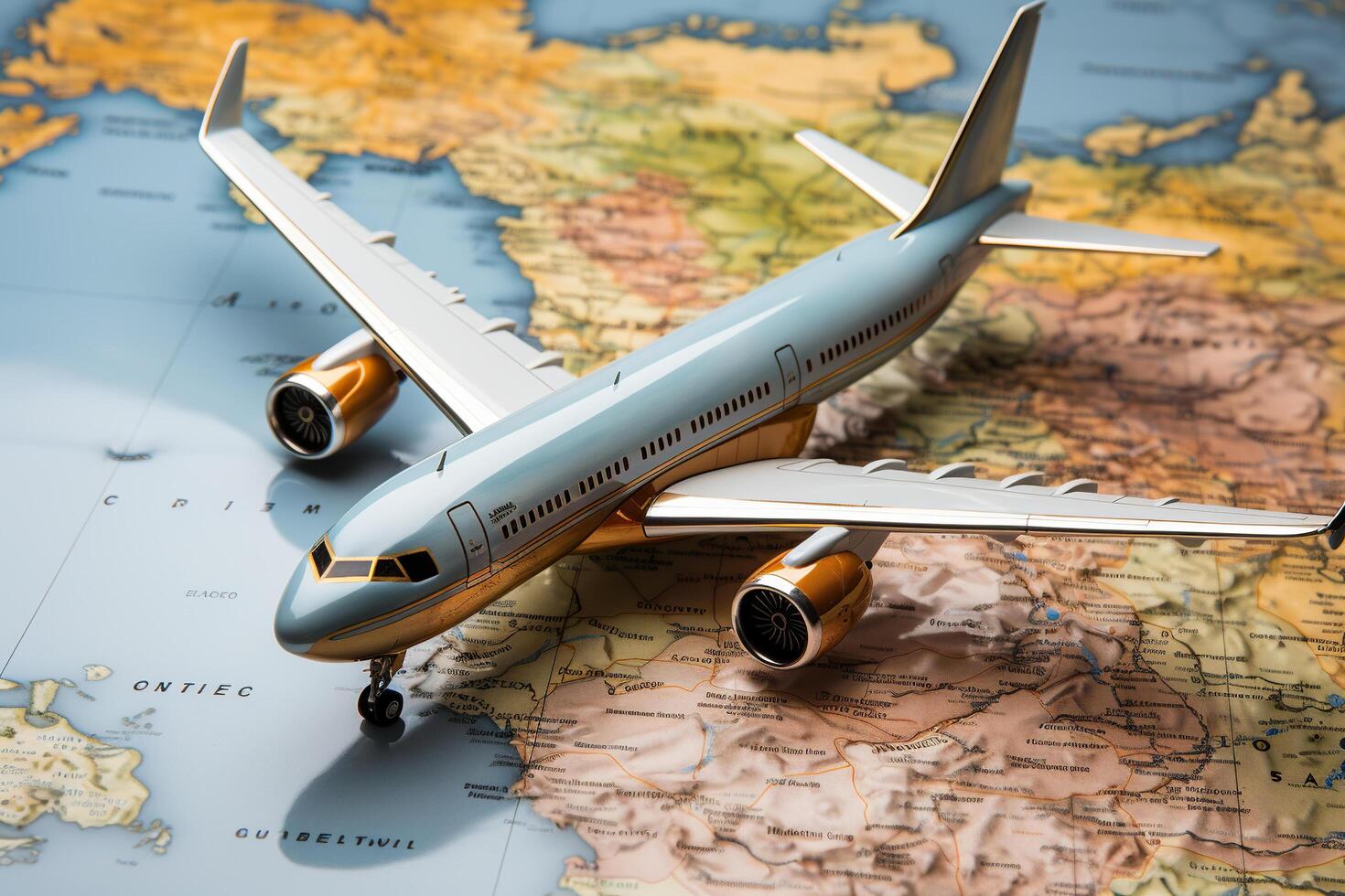 AI generated Air Transport. A model of a passenger plane stands on a world map on the table. Generated by artificial intelligence photo