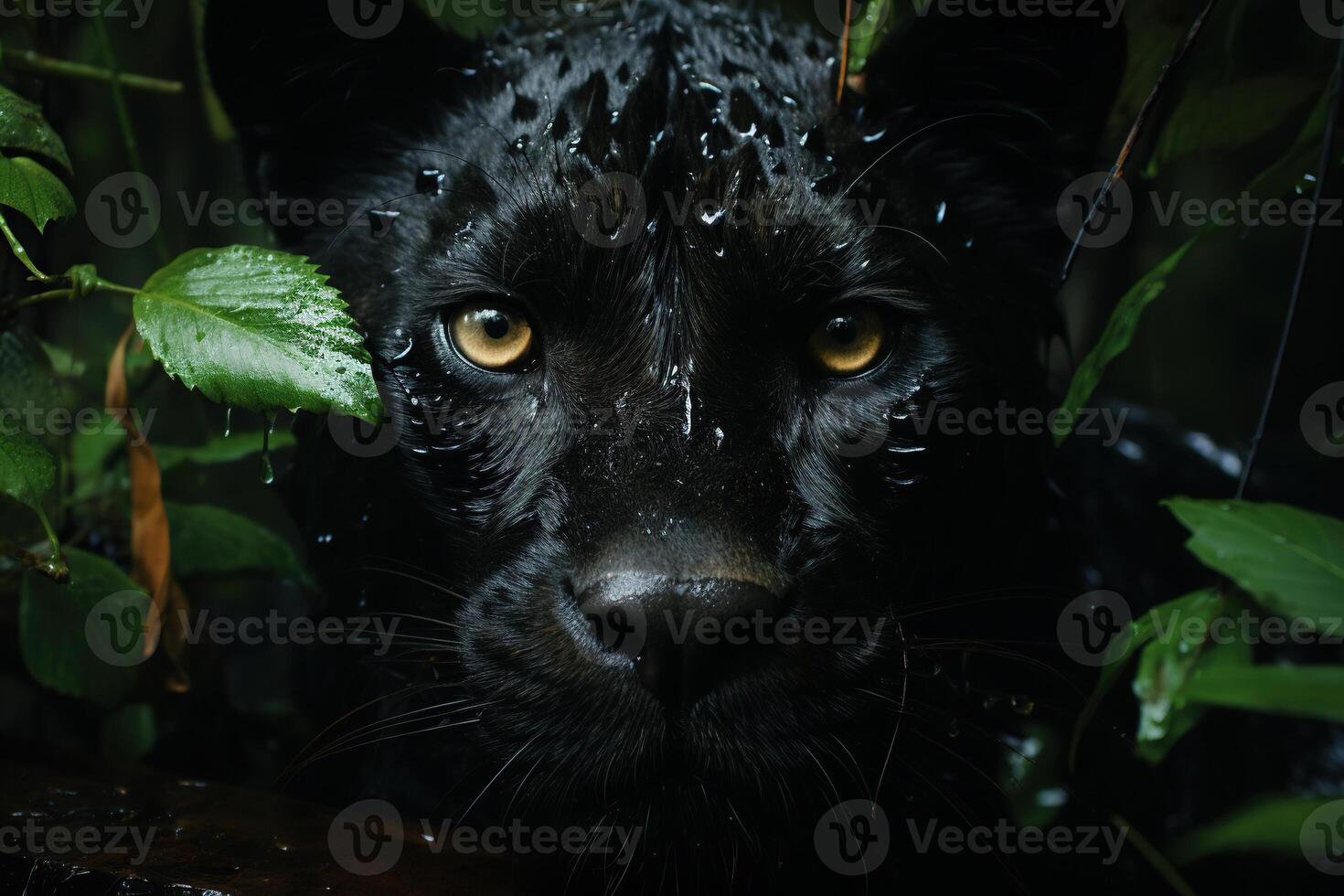 AI generated Portrait of a black panther, leopard with yellow eyes in the jungle. Generated by artificial intelligence photo
