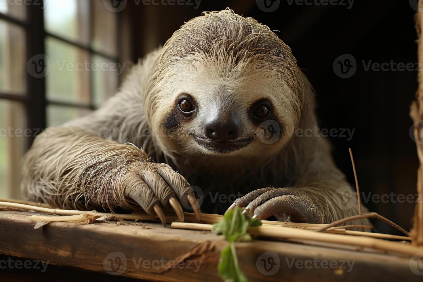 AI generated Cute sloth holding on to a tree and looking at the camera. Generated by artificial intelligence photo