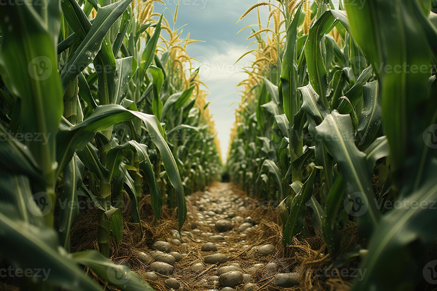 ai generado un camino en el medio de un hermosa maíz campo en verano en nublado clima. generado por artificial inteligencia foto