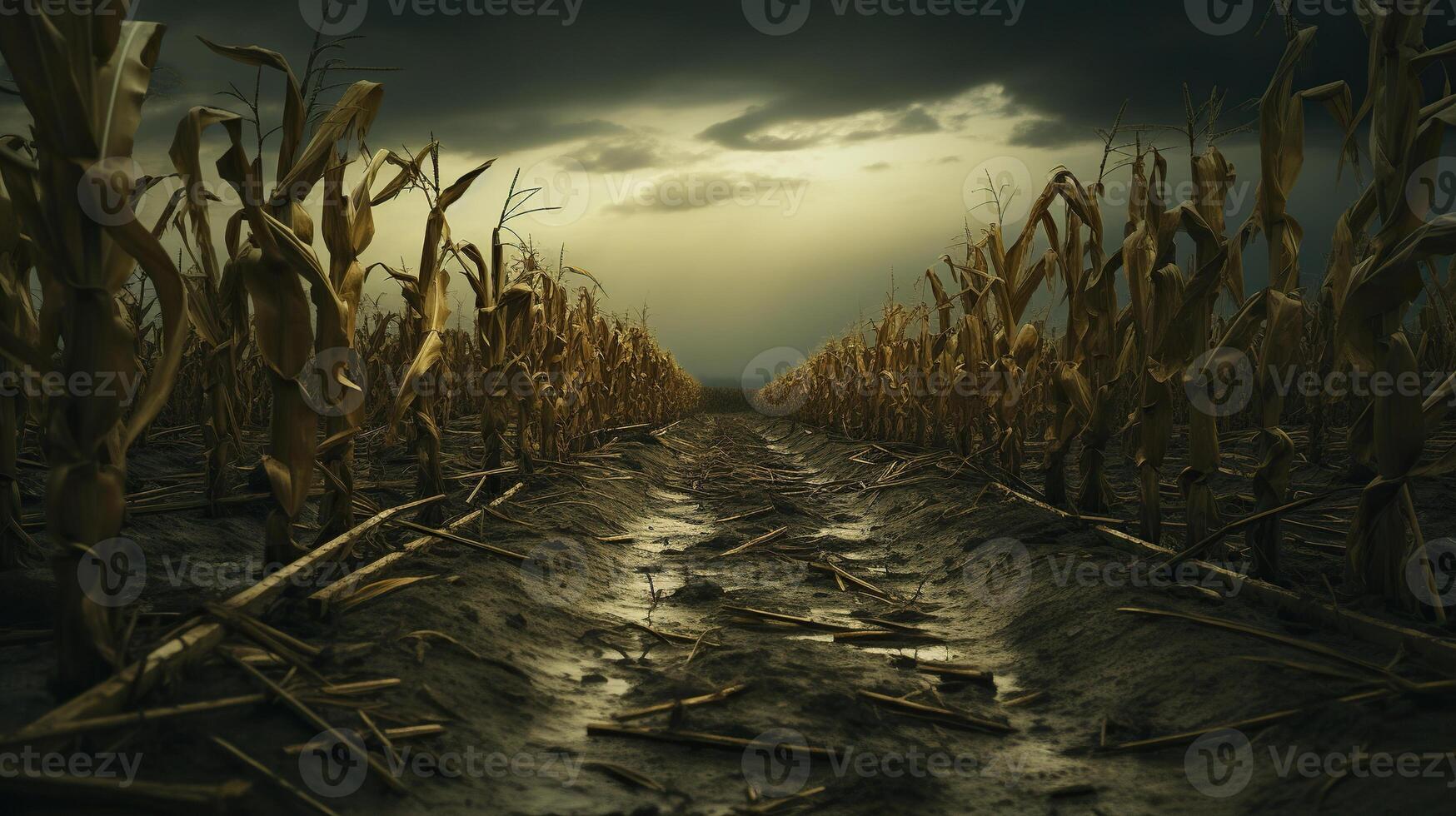 AI generated Image of a withered corn field at cloudy sunset. Generated by artificial intelligence photo