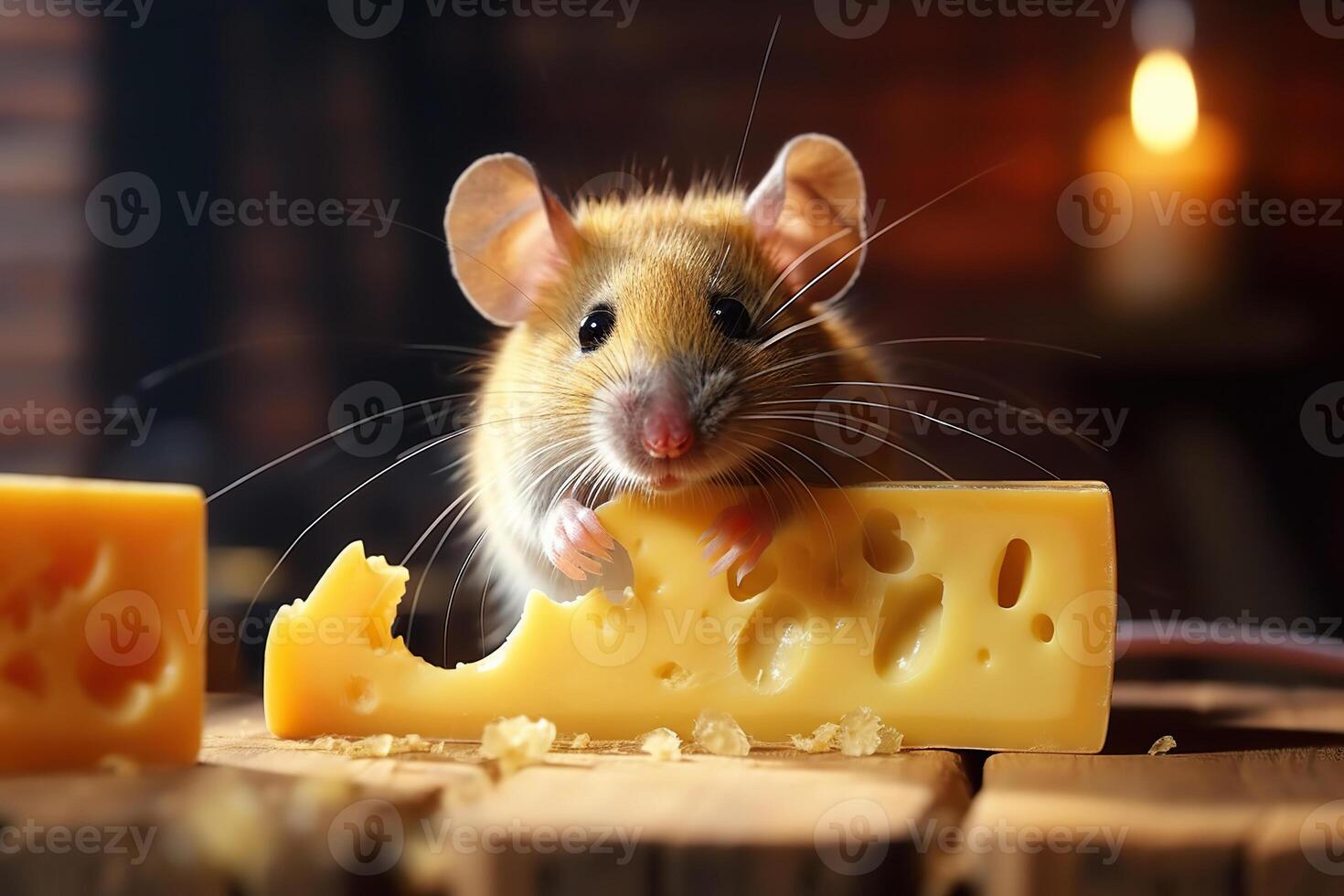 AI generated Little cute mouse eats a big piece of cheese. Generated by artificial intelligence photo