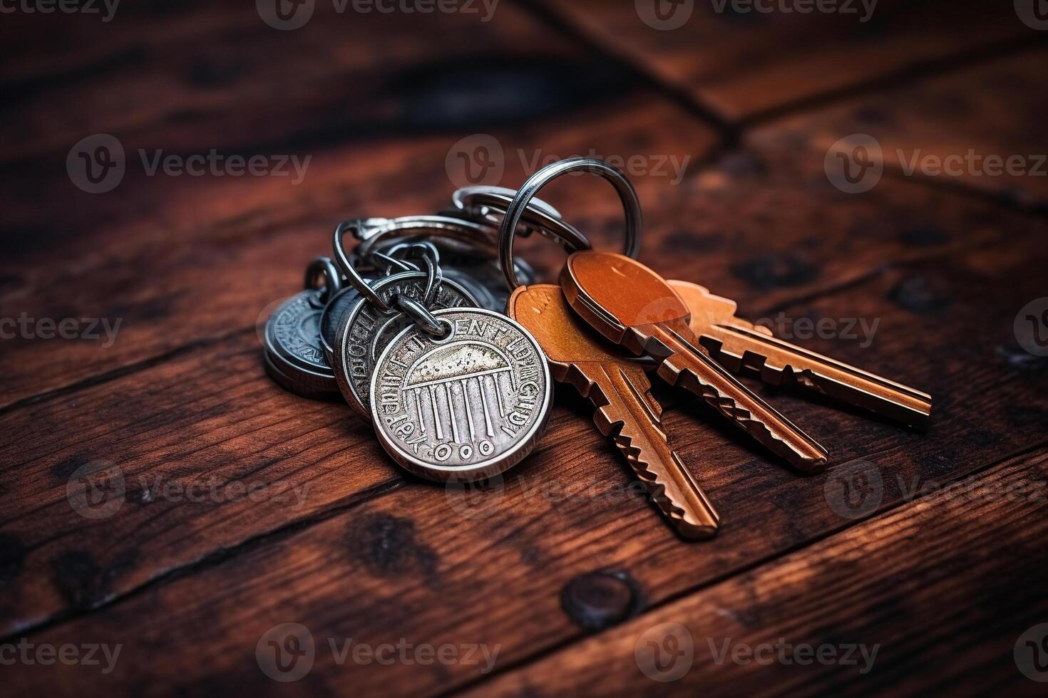AI generated A bunch of keys from a new house on a wooden surface. Generated by artificial intelligence photo