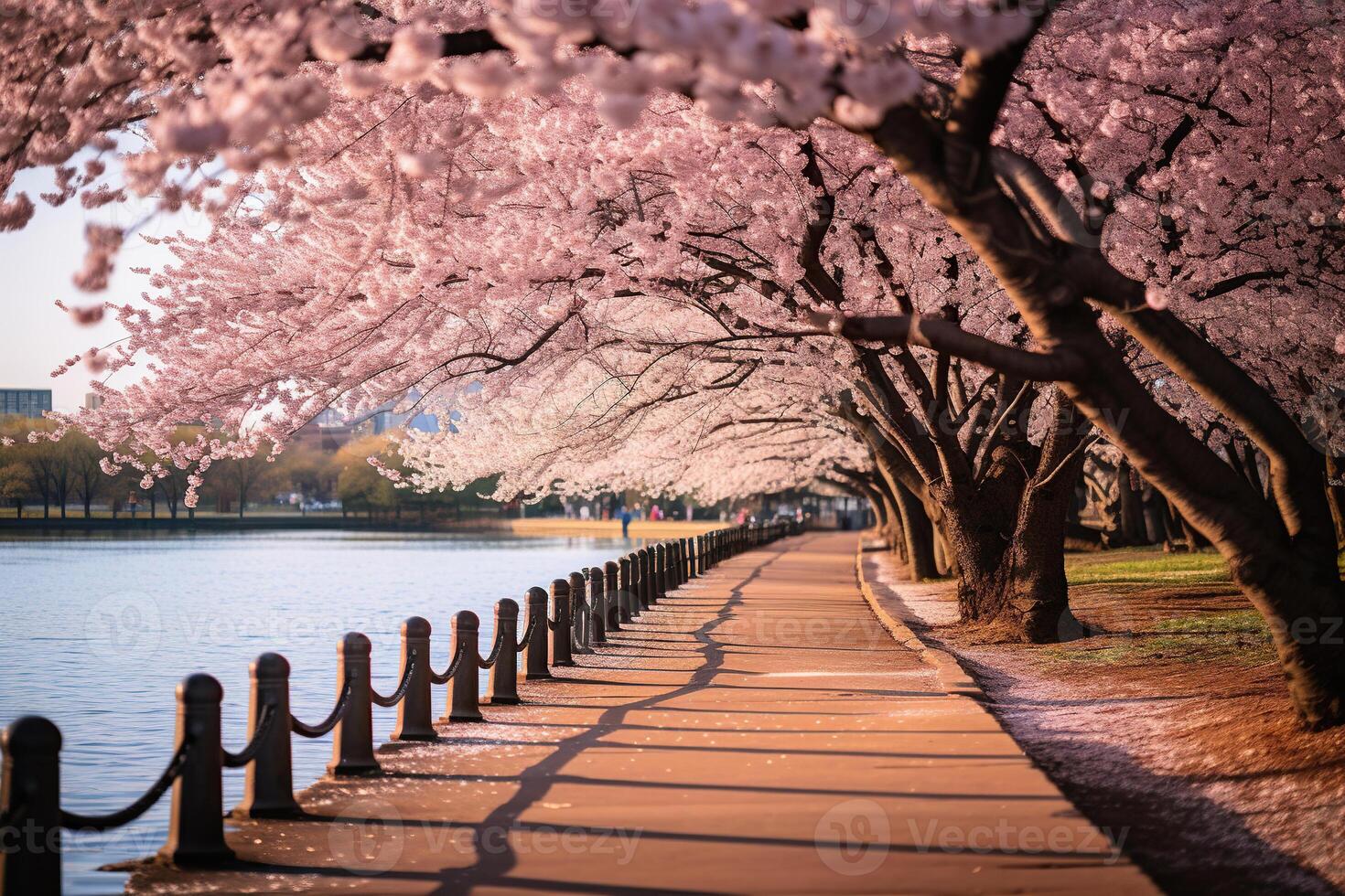 AI generated Flowering trees grow along the beautiful river embankment. Spring background. Generated by artificial intelligence photo