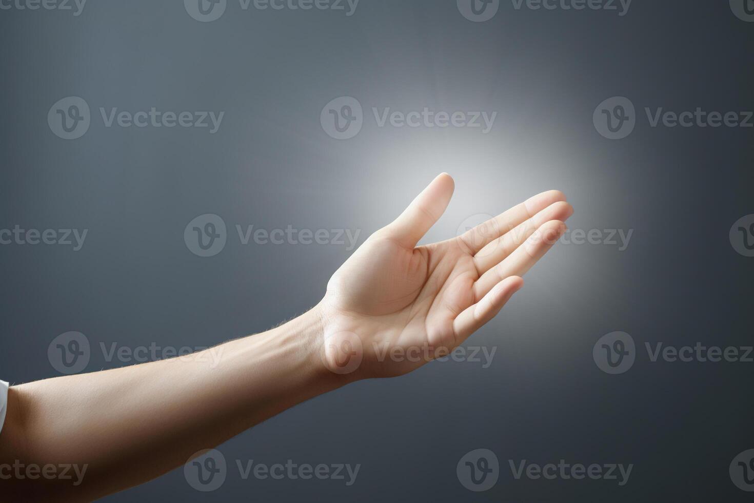 AI generated Light comes from a woman's hand against the background of a gray empty wall. Concept of spiritual life, support. Generated by artificial intelligence photo
