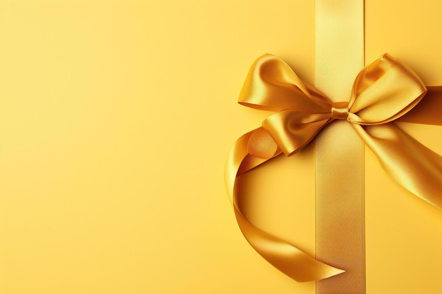 AI generated Golden greeting bow with ribbon on a yellow background. Generated by artificial intelligence photo