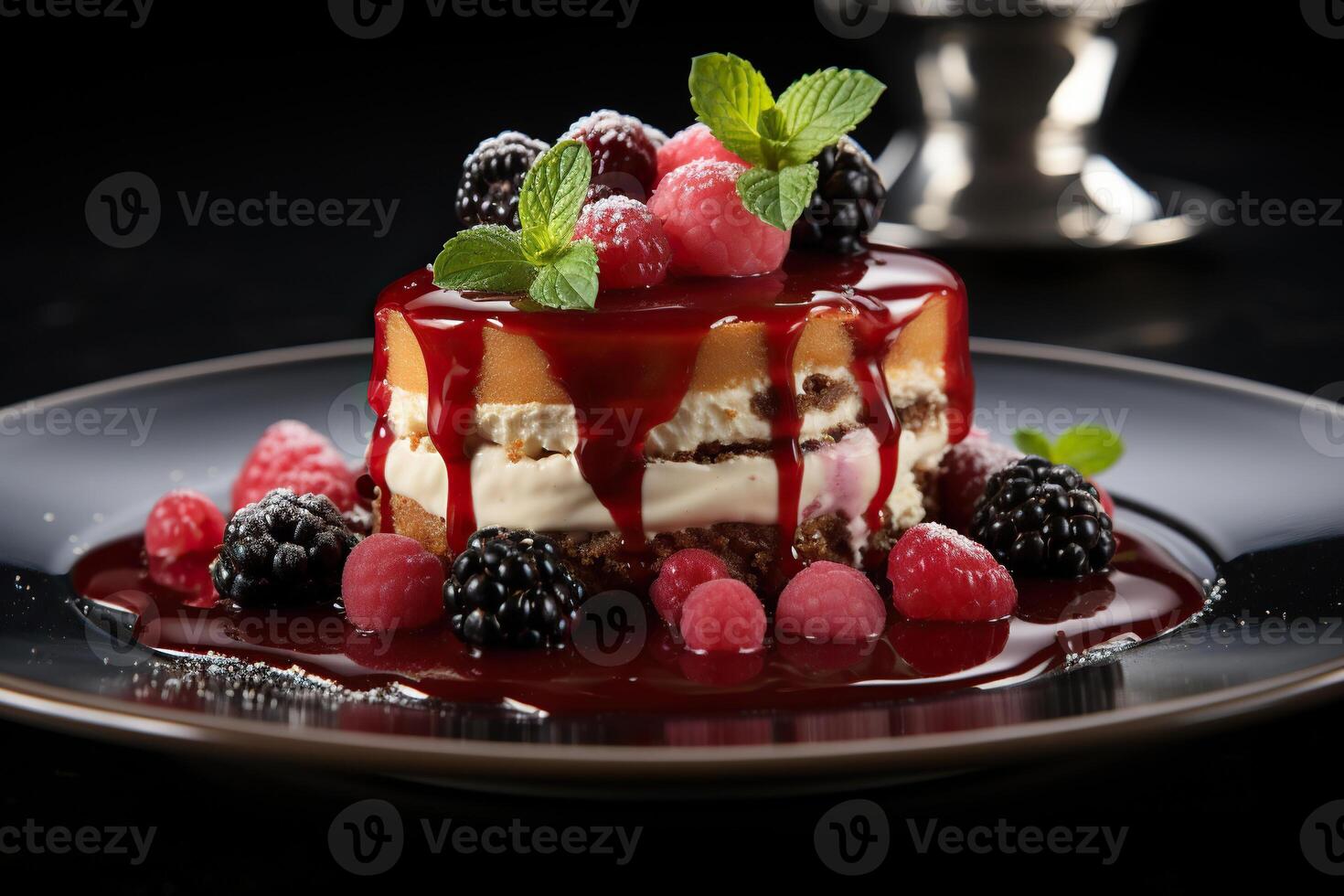 AI generated Exquisite dessert on a large black plate with caramel and fresh berries. Restaurant food concept. Generated by artificial intelligence photo