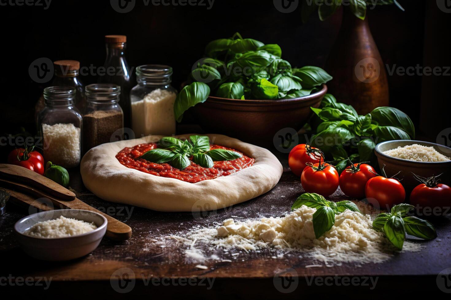 AI generated Making vegan pizza. Pizza with tomato, cheese and basil. Dark background. Generated by artificial intelligence photo