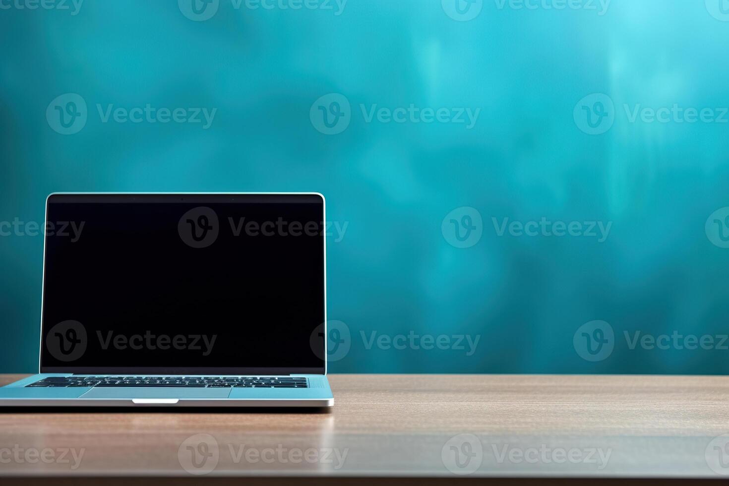 AI generated A laptop stands on a wooden table against a blue wall. Generated by artificial intelligence photo