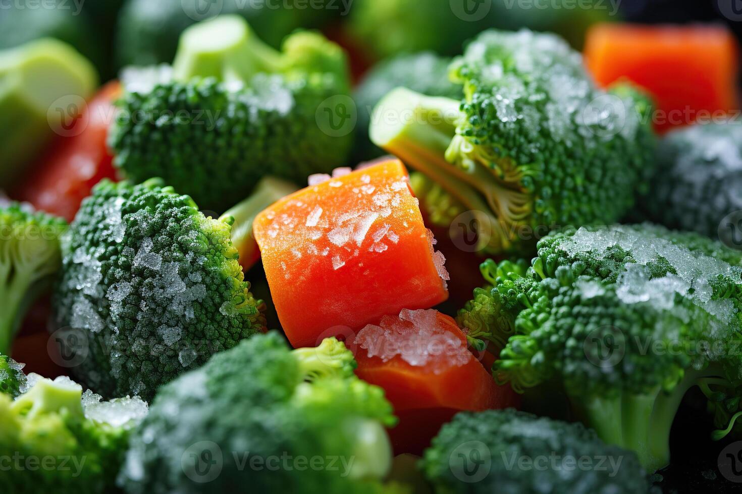 AI generated Frozen broccoli and carrots close-up. Generated by artificial intelligence photo