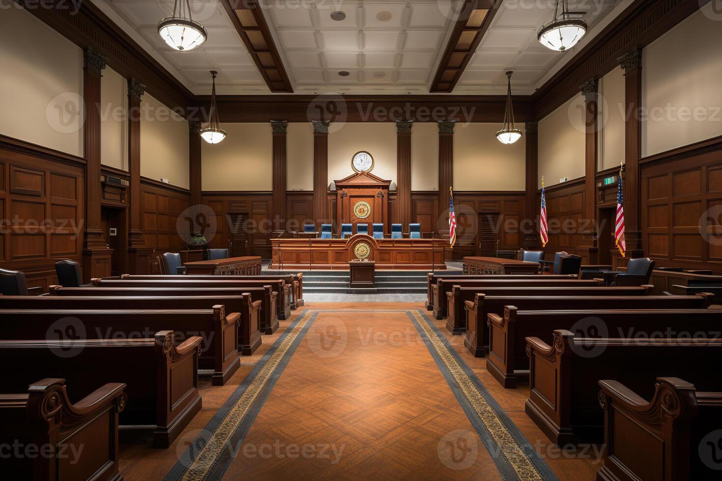 AI generated Image of an empty courtroom with wooden benches. Generated by artificial intelligence photo