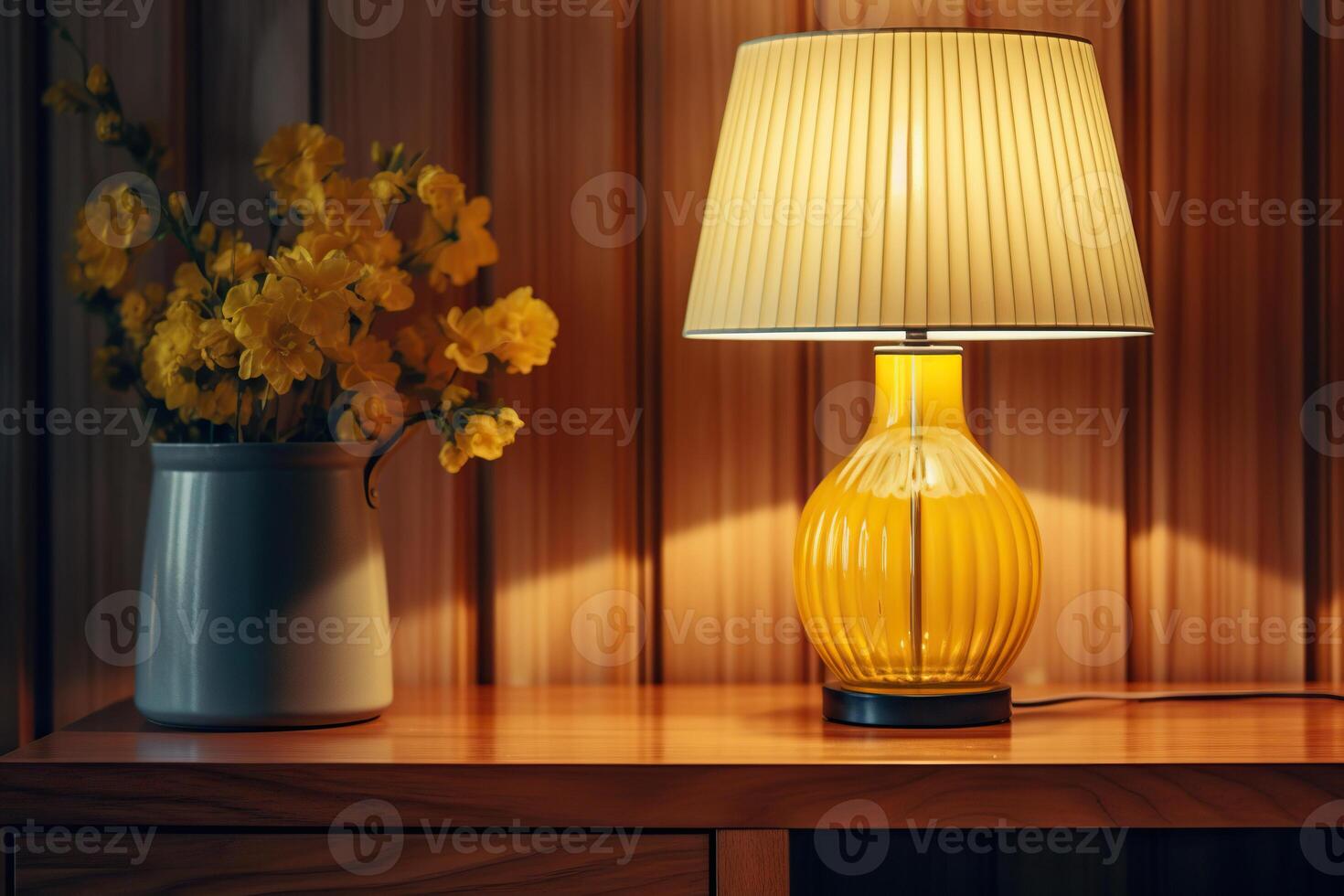 AI generated Yellow table lamp on a wooden surface with a bouquet of yellow flowers, cozy warm light. Generated by artificial intelligence photo
