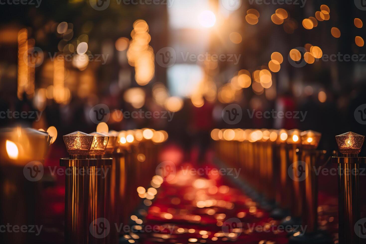 ai generado rojo alfombra a un película festival con un borroso dorado bokeh antecedentes. generado por artificial inteligencia foto