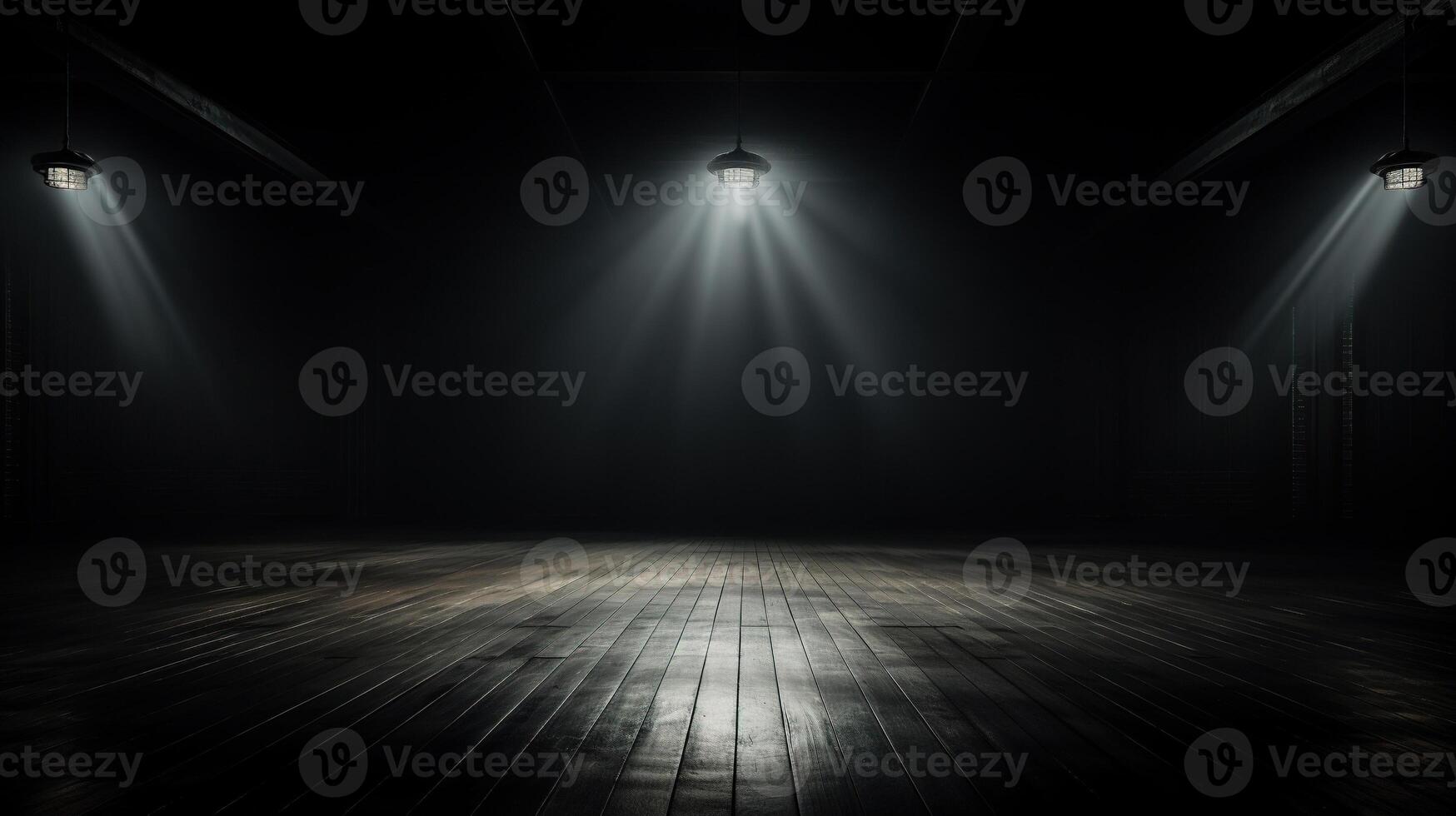 AI generated Empty dark room with wooden floor and lamp on top. Generated by artificial intelligence photo