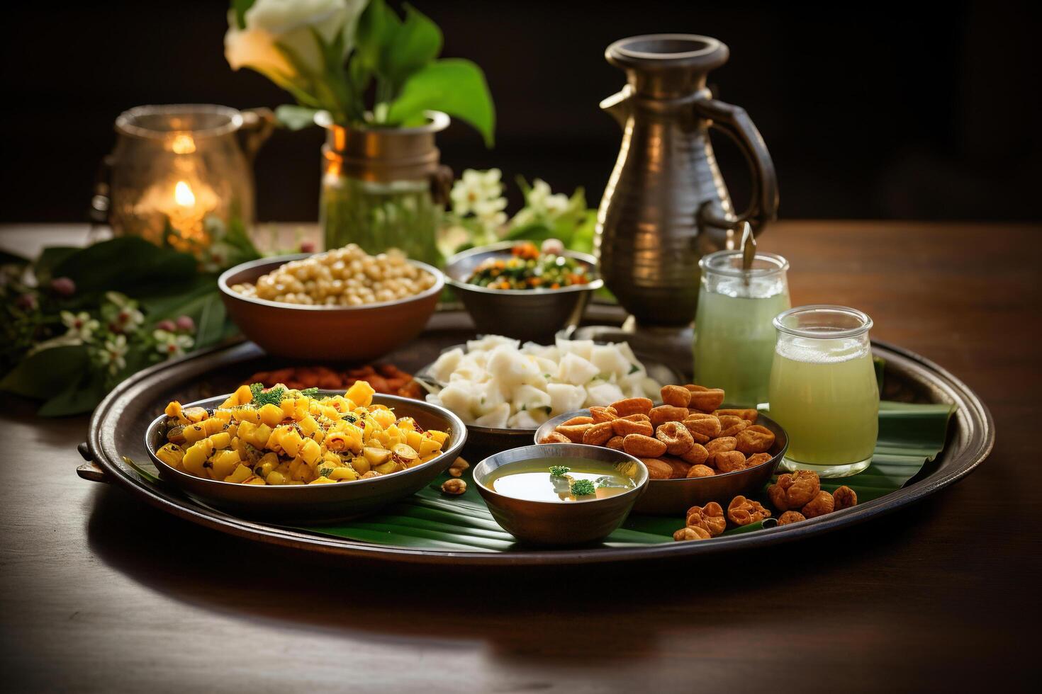AI generated A tray with oriental food, a jug and a lit candle. Guess the holiday. Generated by artificial intelligence photo